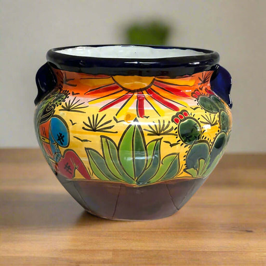 Talavera Flower Pot | Hand-Painted Desert Scene Mexican Planter - hand-painted Talavera planter with sun, agave, nopal cactus, cobalt rim and side handles