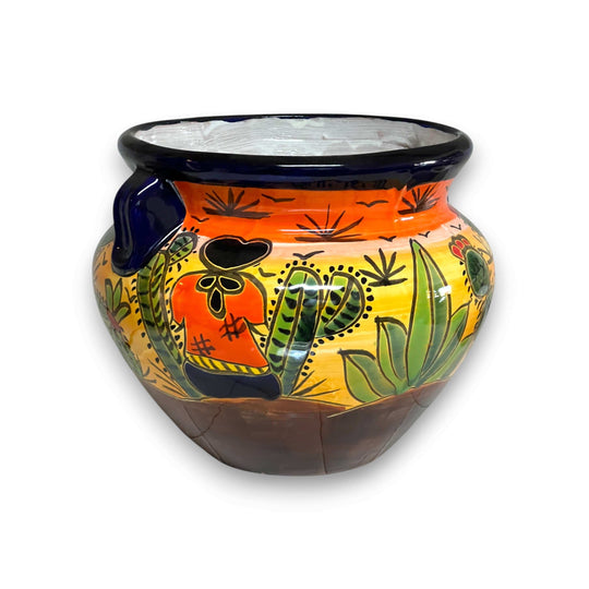 Talavera Flower Pot | Hand-Painted Desert Scene Mexican Planter - hand-painted colorful Talavera planter with agave, nopal cactus and cobalt rim
