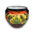 Talavera Flower Pot | Hand-Painted Desert Scene Mexican Planter with cobalt rim, agave and nopal cactus sunrise design, small side handles