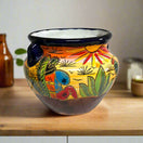 Talavera Flower Pot | Hand-Painted Desert Scene Mexican Planter showing vivid sunrise, agave and nopal cactus with cobalt rim and side handles