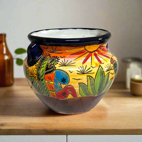 Talavera Flower Pot | Hand-Painted Desert Scene Mexican Planter showing vivid sunrise, agave and nopal cactus with cobalt rim and side handles
