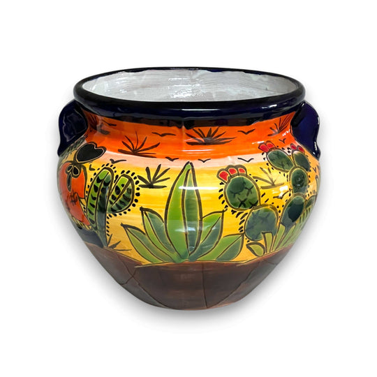 Talavera Flower Pot | Hand-Painted Desert Scene Mexican Planter with cobalt rim, agave and nopal cactus sunrise design, small side handles