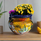 Talavera Flower Pot | Hand-Painted Desert Scene Mexican Planter with cobalt rim, sun, agave and nopal cactus, hand-painted Mexican ceramic planter