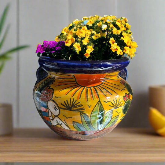 Talavera Flower Pot | Hand-Painted Desert Scene Mexican Planter with cobalt rim, sun, agave and nopal cactus, hand-painted Mexican ceramic planter