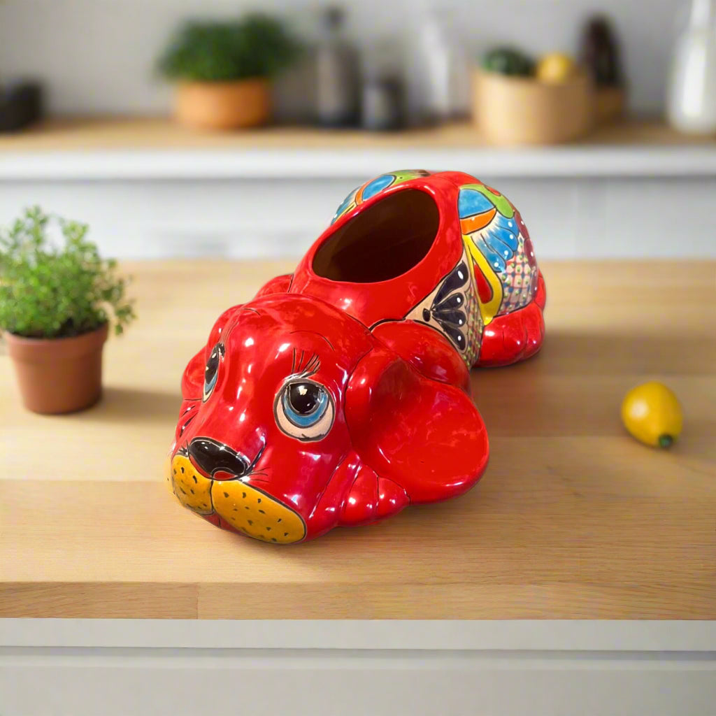 Talavera Dog Planter | Hand-Painted Mexican Pottery Decor - vibrant red hand-painted resting pup ceramic planter from Guanajuato, indoor/outdoor decor