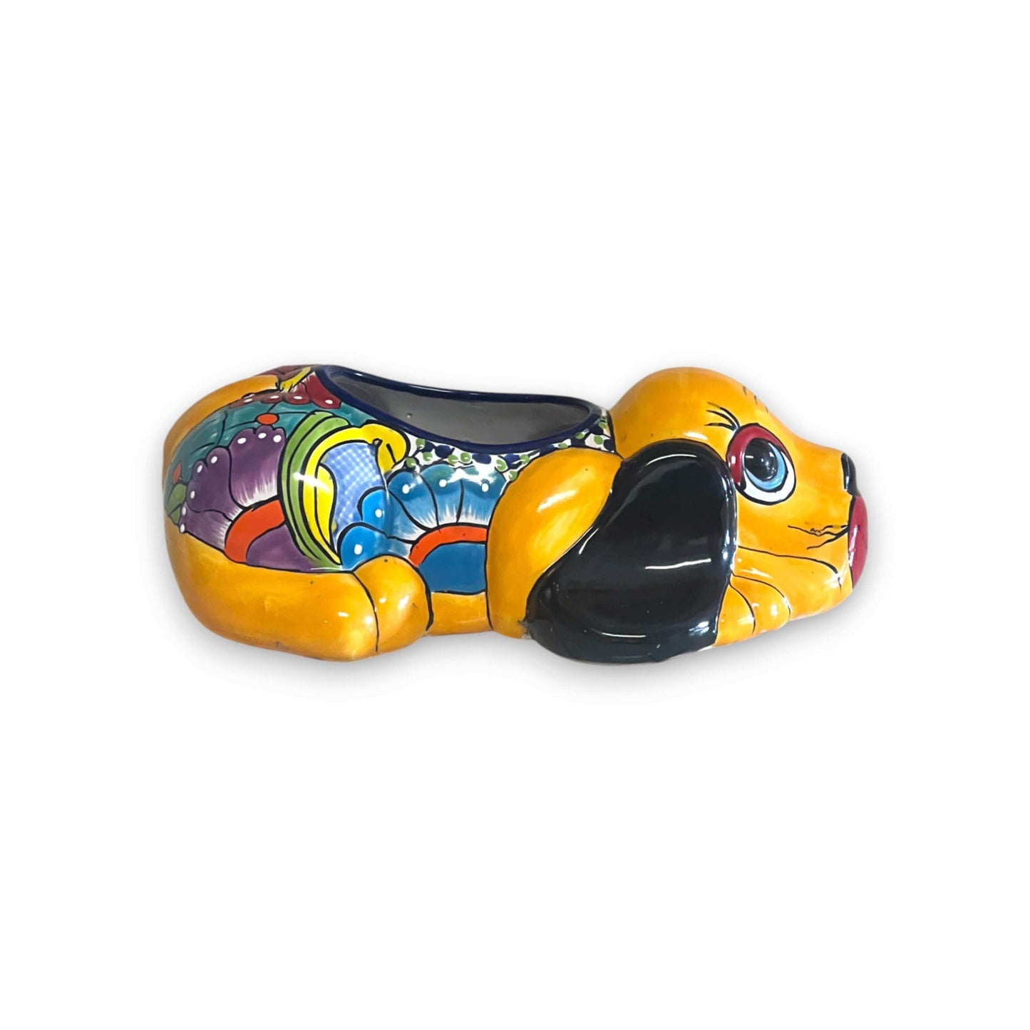 Talavera Dog Planter | Hand-Painted Mexican Pottery Decor - colorful hand-painted resting pup ceramic planter, kiln-fired lead-free glaze
