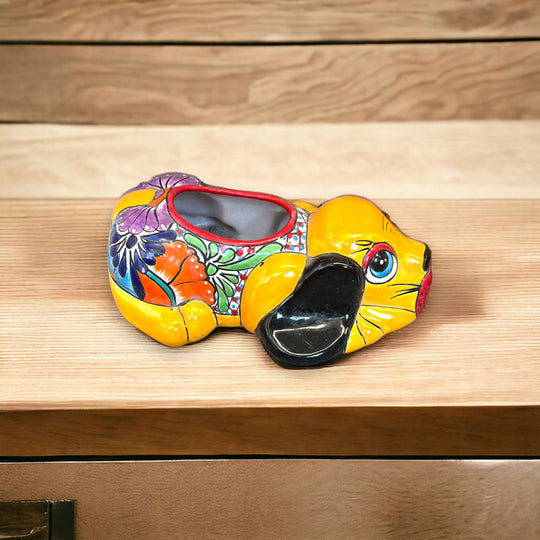 Talavera Dog Planter | Hand-Painted Mexican Pottery Decor - colorful hand-painted resting dog planter with floral patterns, lead-free glazed ceramic