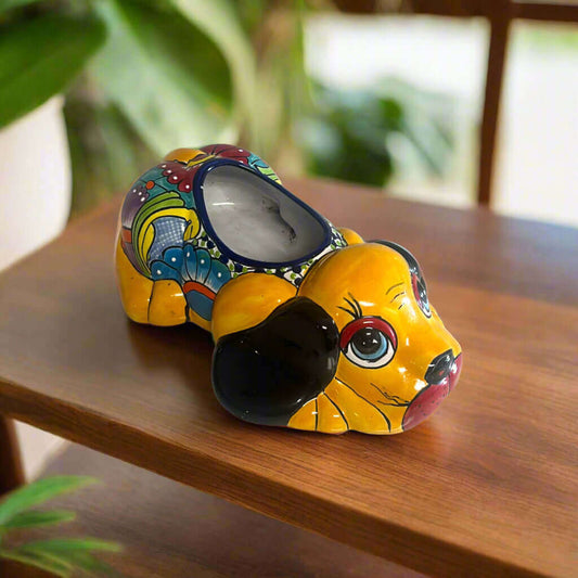 Talavera Dog Planter | Hand-Painted Mexican Pottery Decor — colorful hand-painted resting pup ceramic planter