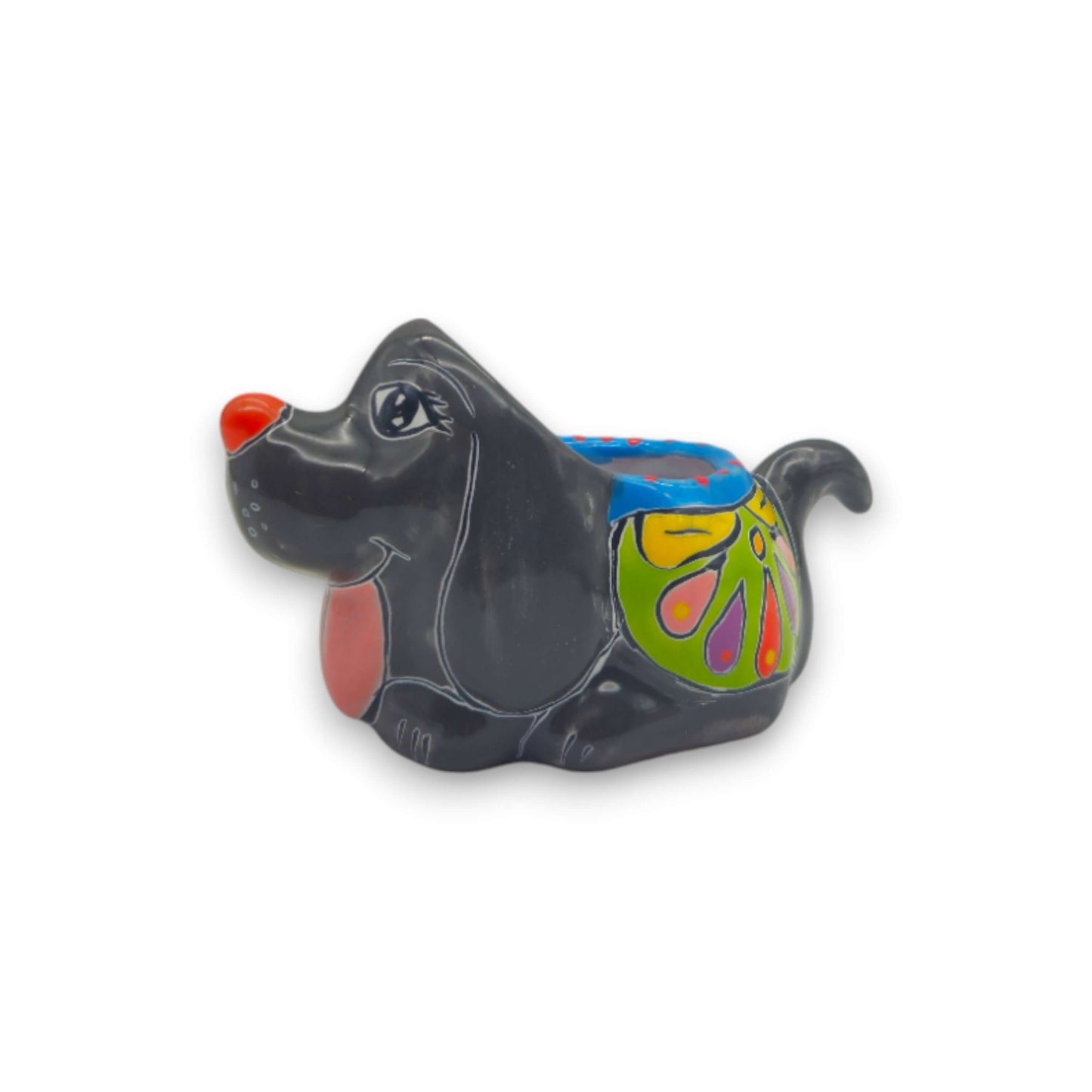 Colorful Talavera Dog Planter | Hand-Painted Mexican Figurine - black hand-painted Talavera dog planter with bright floral patterns, lead-free glaze