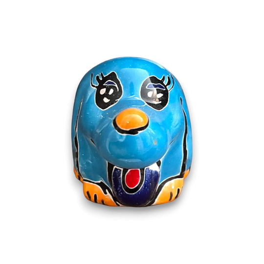 Vibrant Hand-Painted Talavera Dog Planter | Small Mexican Animal Pottery - blue hand-painted ceramic dog planter, small Talavera pottery from Guanajuato