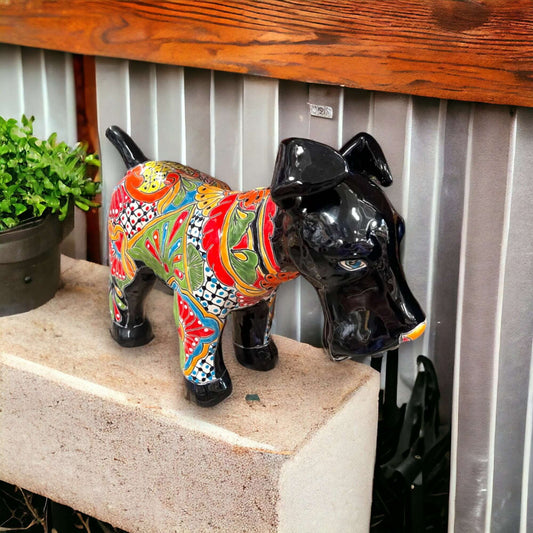 Vibrant Talavera Dog Sculpture | Colorful Hand-Painted Large Mexican Art Piece - hand-painted Talavera dog with black head and multicolor floral body