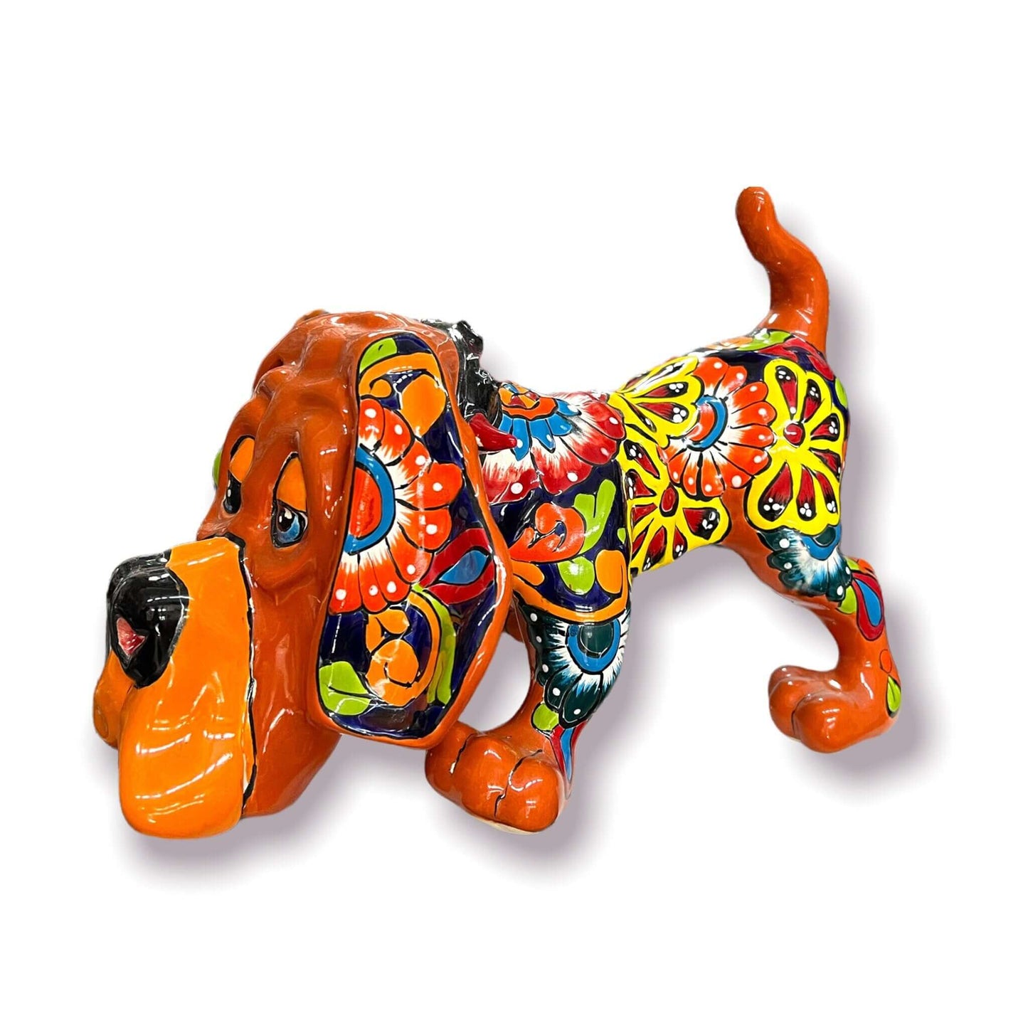 Talavera Dog Statue | Colorful Hand-Painted Mexican Pottery Hound - vibrant hand-painted talavera basset hound decor