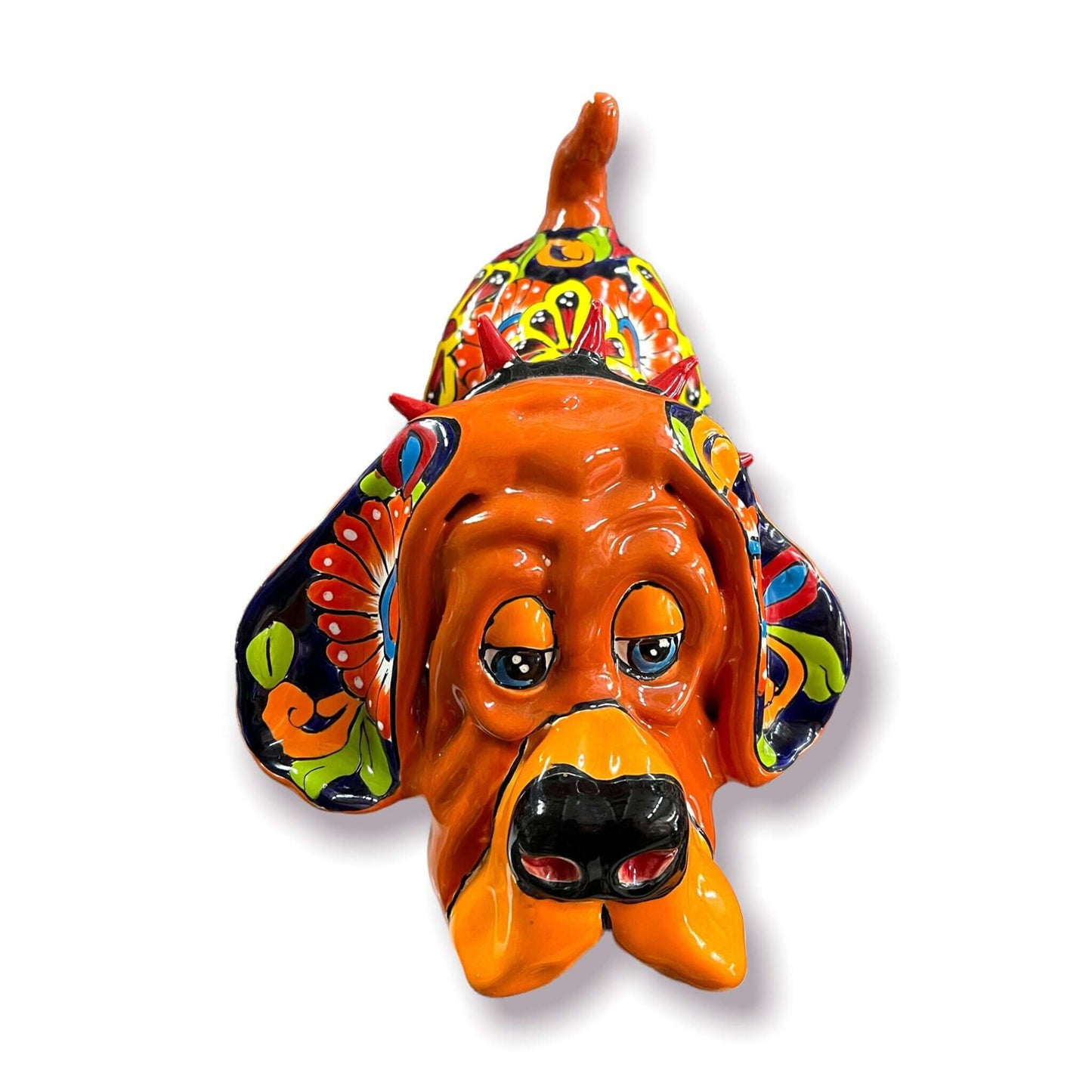 Talavera Dog Statue | Colorful Hand-Painted Mexican Pottery Hound, vibrant orange talavera ceramic dog with floral patterns