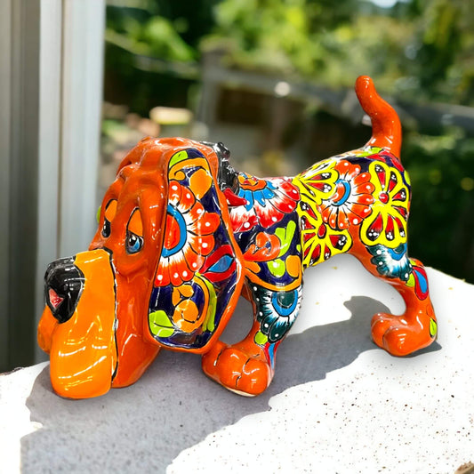 Talavera Dog Statue | Colorful Hand-Painted Mexican Pottery Hound - vibrant hand-painted Talavera ceramic basset hound