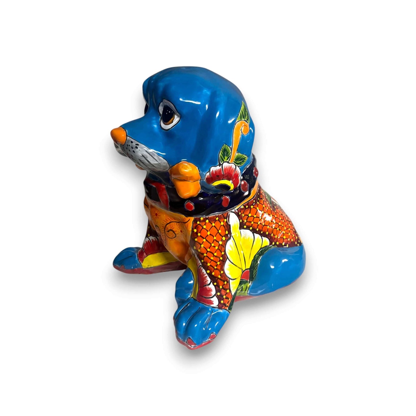 Talavera Dog Statue | Colorful Hand-Painted Mexican Puppy Decor - hand-painted blue & orange floral ceramic puppy from Guanajuato
