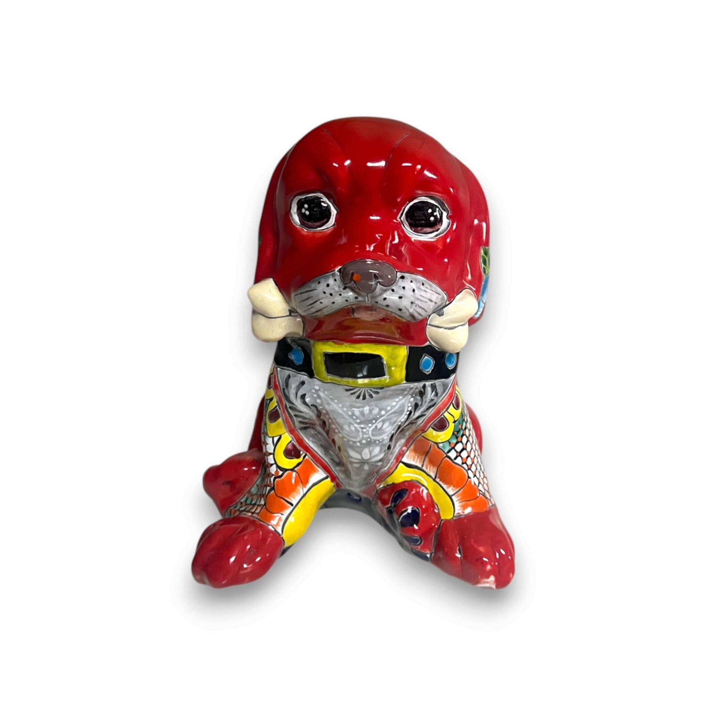 Talavera Dog Statue | Colorful Hand-Painted Mexican Puppy Decor — hand-painted red ceramic puppy with floral Talavera patterns from Guanajuato