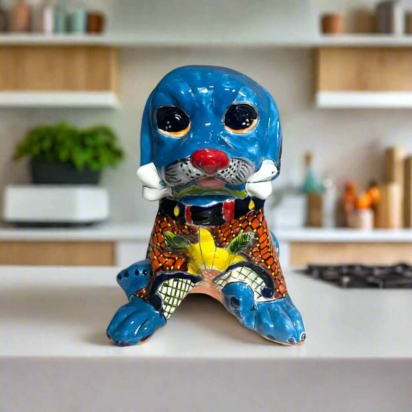 Talavera Dog Statue | Colorful Hand-Painted Mexican Puppy Decor - blue hand-painted ceramic puppy with floral Talavera patterns