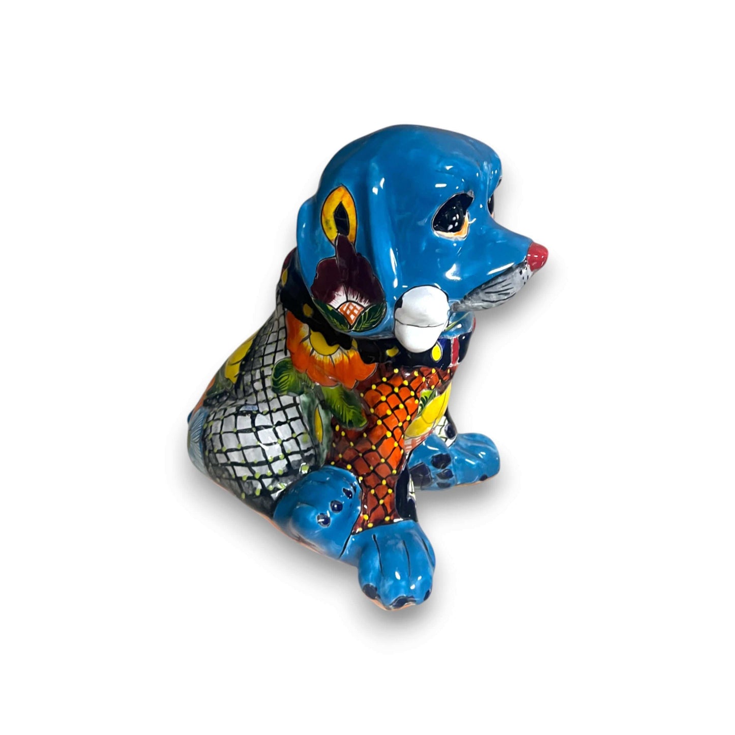 Talavera Dog Statue | Colorful Hand-Painted Mexican Puppy Decor — hand-painted blue Talavera ceramic puppy with floral and geometric designs