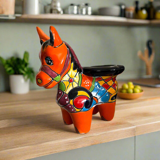 Talavera Donkey Planter | Hand-Painted Mexican Burro Flower Pot - vibrant hand-painted Talavera ceramic donkey planter in yellow and orange