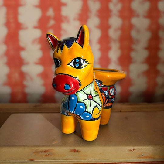Talavera Donkey Planter | Hand-Painted Mexican Burro Flower Pot - hand-painted yellow Talavera donkey planter with floral and geometric designs