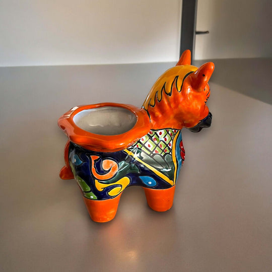 Talavera Donkey Planter | Hand-Painted Mexican Burro Flower Pot - vibrant yellow-orange hand-painted Talavera ceramic donkey planter