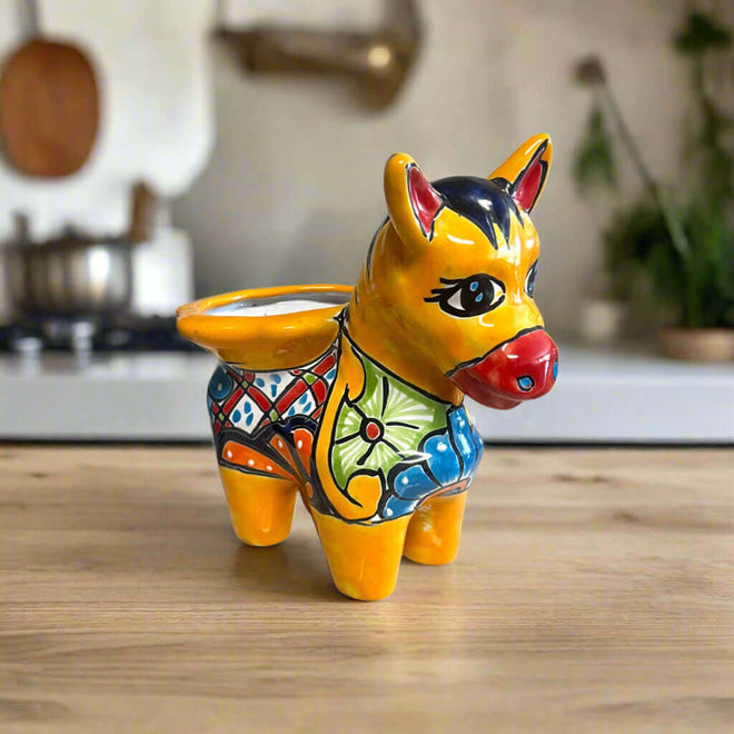 Talavera Donkey Planter | Hand-Painted Mexican Burro Flower Pot - vibrant yellow hand-painted Talavera donkey planter with floral & geometric designs