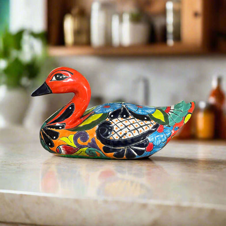 Hand-Painted Colorful Talavera Duck Statue | Mexican Folk Art Decor - hand-painted kiln-fired Talavera duck from Guanajuato, Mexico