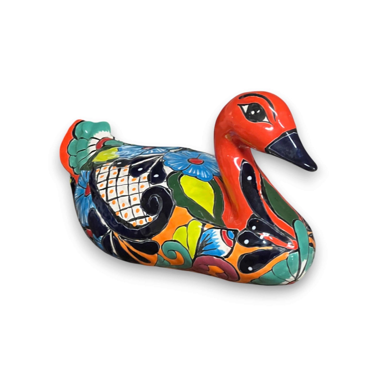 Hand-Painted Colorful Talavera Duck Statue | Mexican Folk Art Decor - hand-painted kiln-fired Talavera duck from Guanajuato, vibrant multicolor glaze