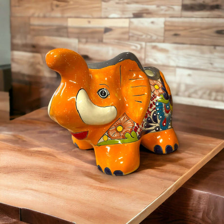 Hand-Painted Talavera Elephant Flower Pot | Colorful Talavera Planter (Medium) - bright hand-painted orange Talavera elephant planter with floral patterns