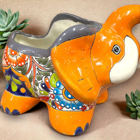 Hand-Painted Talavera Elephant Flower Pot | Colorful Talavera Planter (Medium) hand-painted orange elephant planter with floral Talavera pattern