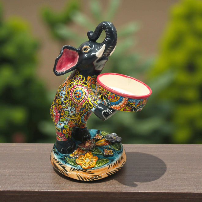 Talavera Elephant Planter | Hand-Painted Ceramic Art - colorful raised-trunk elephant succulent planter with drainage hole, hand-painted Talavera motifs