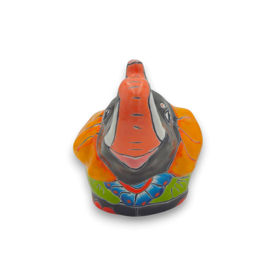 Talavera Elephant Planter | Hand-Painted Gray Ceramic Pot - front view of colorful hand-painted Talavera elephant planter with floral accents