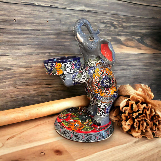 Talavera Elephant Planter | Hand-Painted Ceramic Art – colorful hand-painted elephant planter with drainage bowl for succulents