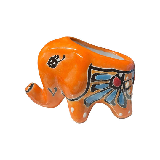 Talavera Elephant Planter | Colorful Hand-Painted Ceramic Animal Pot - orange hand-painted Talavera elephant planter with floral patterns