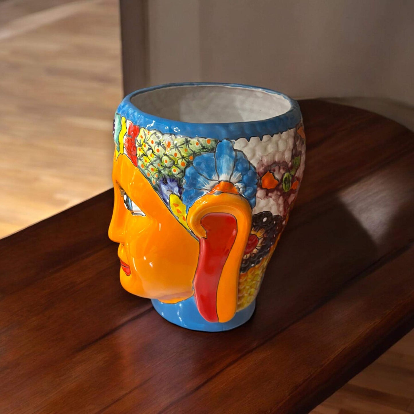 Talavera Face Planter | Hand-Painted Mexican Lady Pot Folk Art - bright orange hand-painted Talavera face planter with floral headdress, kiln-fired lead-free glaze