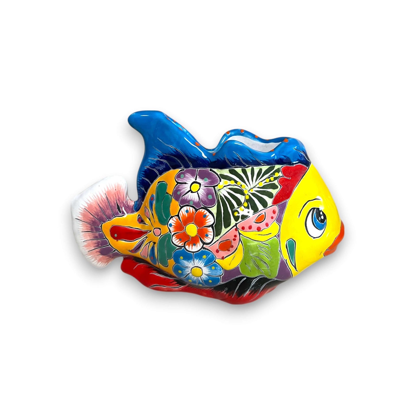 Talavera Fish Planter | Hand-Painted Colorful Mexican Pottery - bright hand-painted fish planter with yellow face, blue fins and floral Talavera design