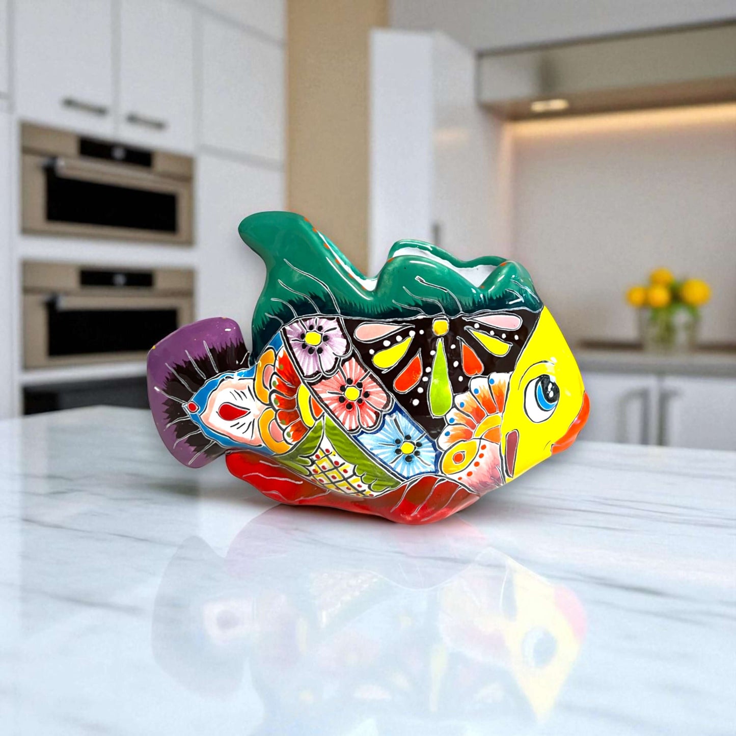 Talavera Fish Planter | Hand-Painted Colorful Mexican Pottery - vibrant hand-painted yellow-faced fish-shaped planter with floral and butterfly motifs