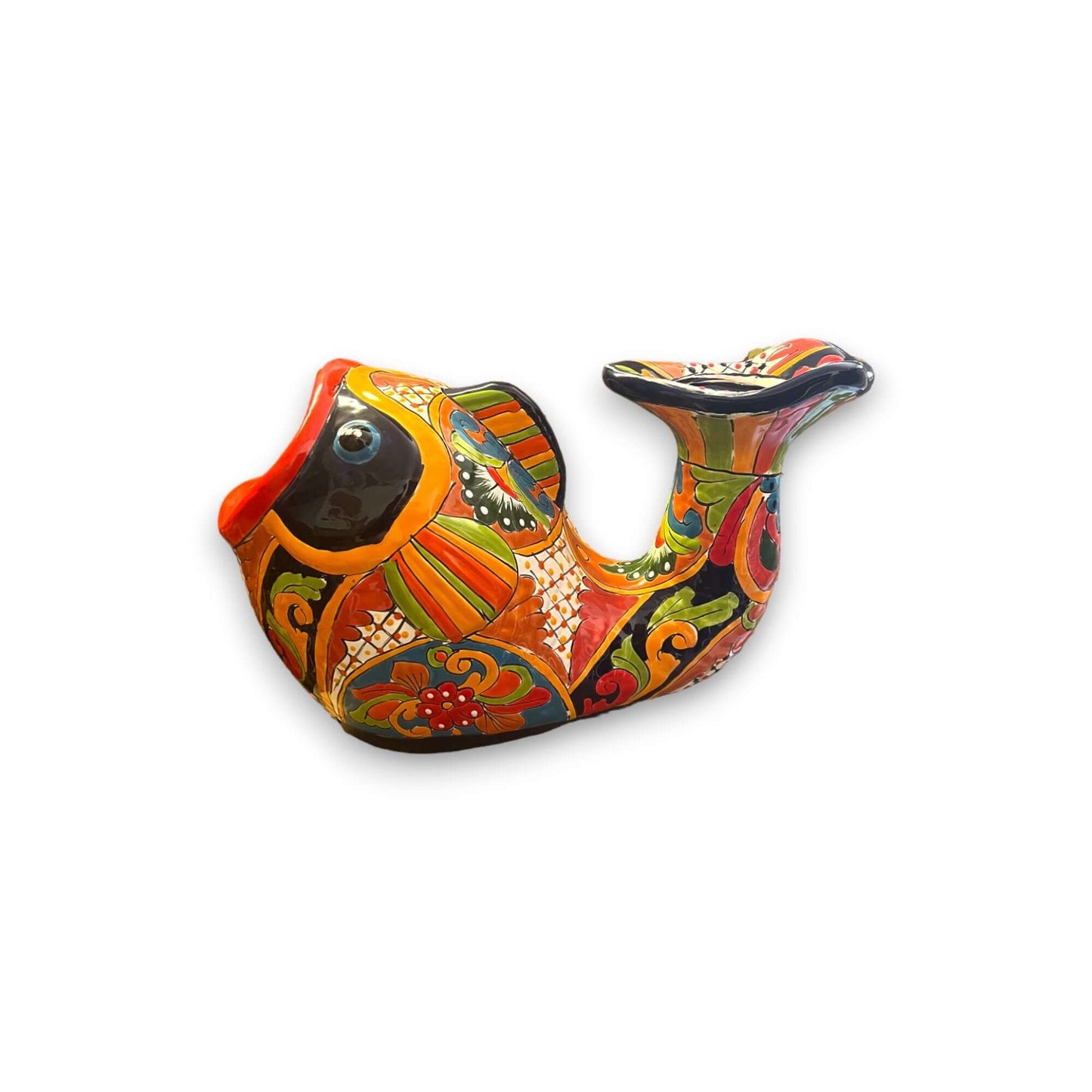Talavera Fish Planter | Hand-Painted Mexican Ceramic Decor - vibrant hand-painted orange floral fish-shaped ceramic planter