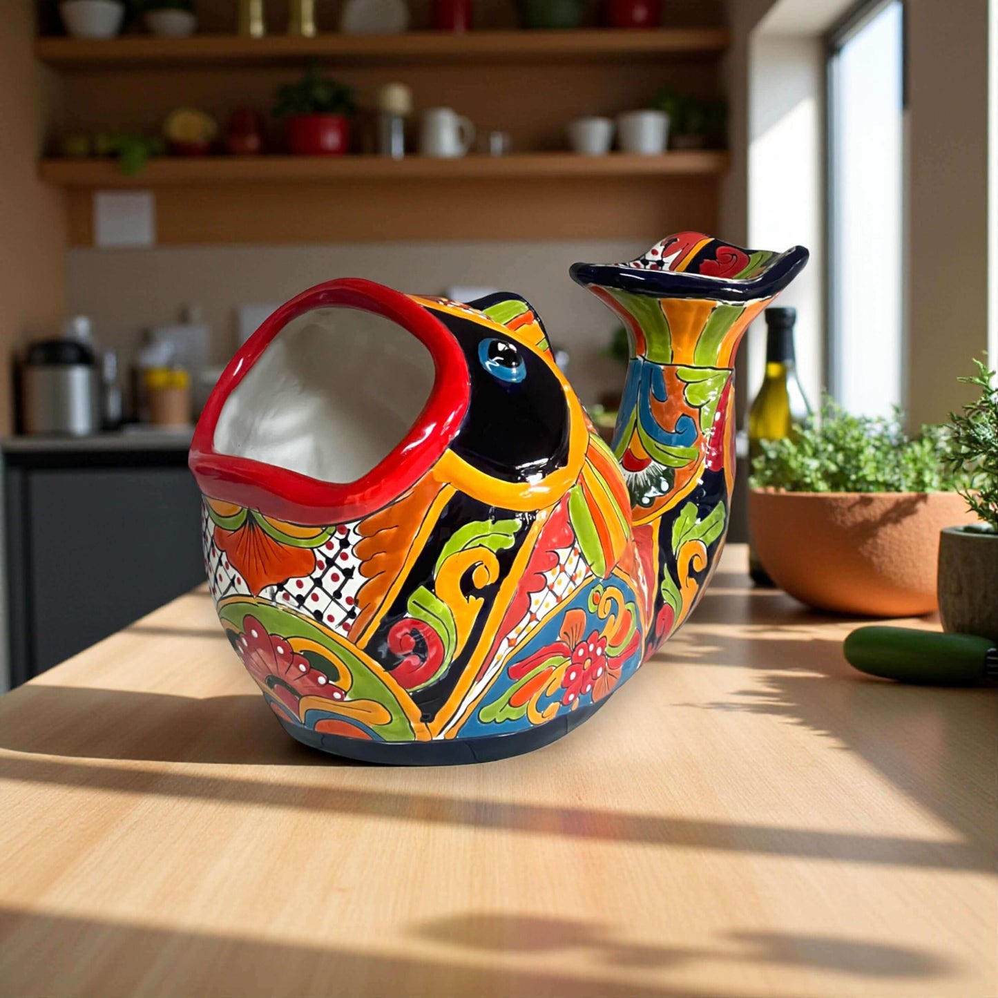 Talavera Fish Planter | Hand-Painted Mexican Ceramic Decor - vibrant hand-painted fish-shaped planter with orange green red blue floral motifs
