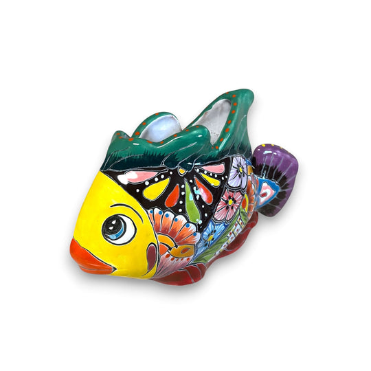 Talavera Fish Planter | Hand-Painted Colorful Mexican Pottery - vibrant hand-painted yellow fish-shaped ceramic planter with floral and butterfly motifs