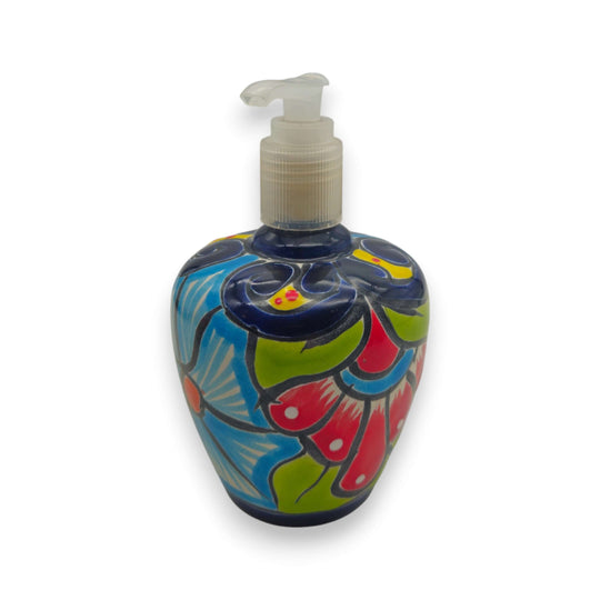 Talavera Floral Soap Pump | Hand-Painted Ceramic Dispenser showing rounded bulb shape with blue, red, green floral motifs and glossy glaze