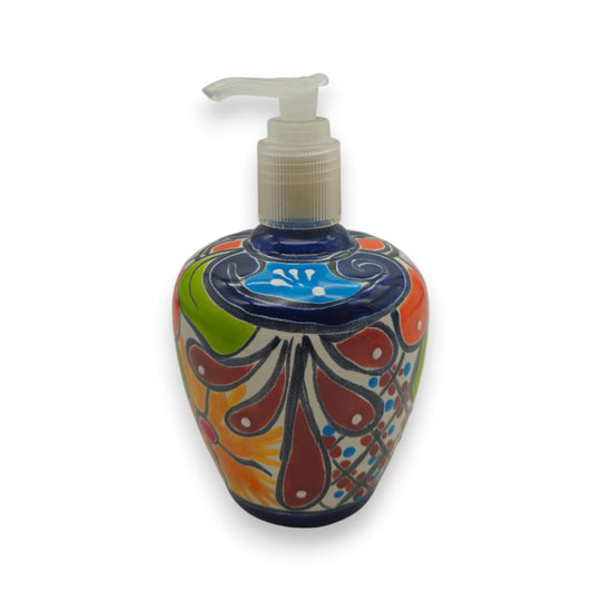 Talavera Floral Soap Pump | Hand-Painted Ceramic Dispenser - hand-painted rounded ceramic soap pump with blue, red, green floral motifs