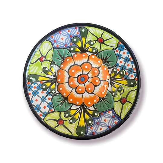 Talavera Dinnerware Set | 43-Piece Floral Tableware for 8 hand-painted 5" plate with orange floral design from Guanajuato, kiln-fired lead-free glaze