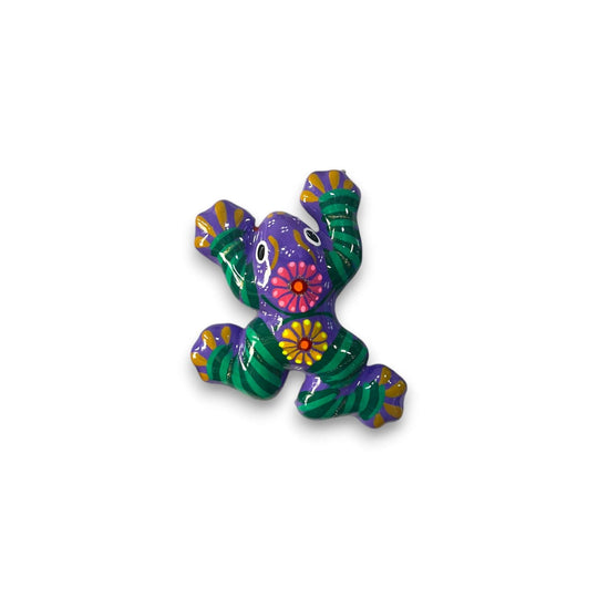 Colorful Talavera Frog Figurine | Hand-Painted Mexican Wall Art - hand-painted purple frog with floral turquoise, navy and green details, wall decor