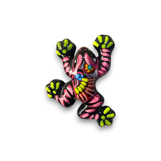 Colorful Talavera Frog Figurine | Hand-Painted Mexican Wall Art - hand-painted black Talavera frog with pink, neon green, turquoise floral accents