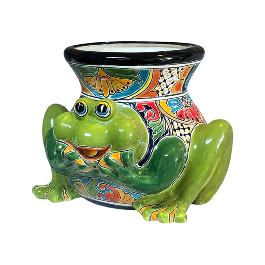 Talavera Frog Planter | Colorful Hand-Painted Mexican Ceramic Pot - bright green hand-painted frog planter with floral Talavera patterns