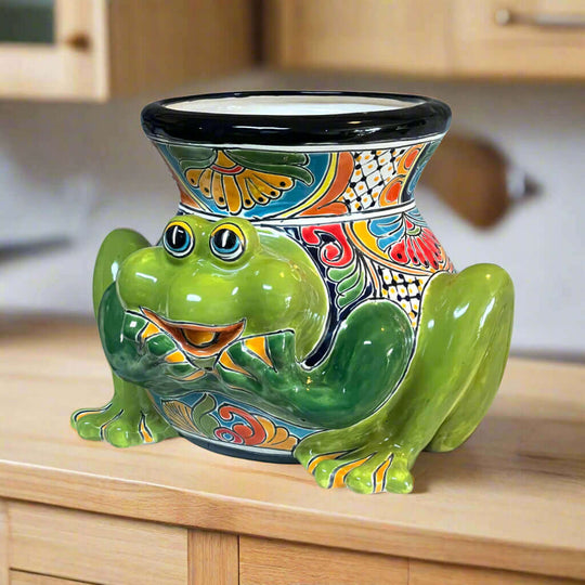 Talavera Frog Planter | Colorful Hand-Painted Mexican Ceramic Pot - bright green hand-painted frog planter with floral Talavera patterns