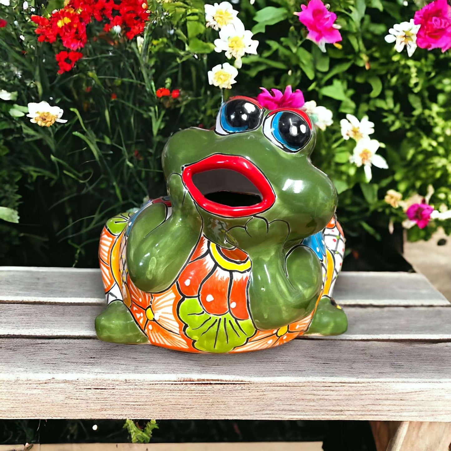 Hand-Painted Talavera Frog Planter | Mexican Art Pottery (Medium Size) - colorful hand-painted frog planter with floral glaze