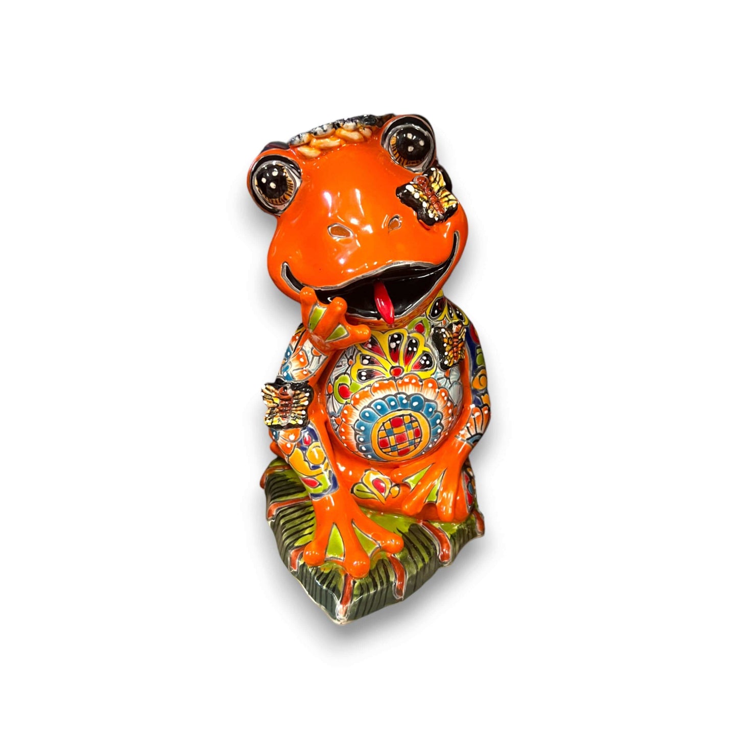 Hand-Painted Talavera Frog Statue | Mexican Ceramic Animal Decor — hand-painted orange Talavera frog with floral patterns, gloss kiln-fired finish