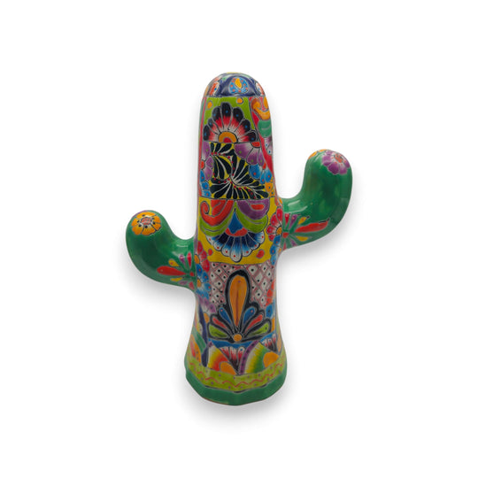 Hand-Painted Talavera Cactus | Vibrant Mexican Ceramic Art - green hand-painted Talavera cactus statue with multicolor floral and geometric motifs